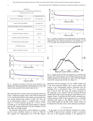 This article has been accepted for inclusion in a future issue of this journal. Content is final as presented, with the exception of pagination.
12 IEEE TRANSACTIONS ON COMPONENTS, PACKAGING AND MANUFACTURING TECHNOLOGY
TABLE IX
EXAMPLE B. EFFICIENCY OF THE PROPOSED PC-BASED
TECHNIQUE FOR (L, S, W)
Fig. 15. Example B. Comparison of the mean for the magnitude of Y43
obtained with the MC analysis performed with the technique [31] using 10 000
(full black line), 1000 (green dashed line), and 100 (blue exes (×)) (L, S, W)
samples and the proposed PC-based method (dotted red line).
The evaluation of the common order of the reduced models and
of the r signiﬁcant singular values of the SVD decomposition
in (31) is performed with the same setting used in the previous
case, giving reduced-order models of order 328. Next, the
set of reduced-order matrices is modeled using a second-
order (P = 2) PC expansion, giving M = 9 for (L, S, W),
according to (3). The proposed PC-based method is compared
with the MC analysis performed with the technique [31] for
100, 1000, and 10 000 samples.
The proposed method shows a great efﬁciency in comput-
ing the system variability features, as shown in Table IX
that compares the computational cost of the MC analysis
Fig. 16. Example B. Comparison of the standard deviation for the magnitude
of Y43 obtained with the MC analysis performed with the technique [31] using
10000 (full black line), 1000 (green dashed line), and 100 (blue exes (×))
(L, S, W) samples and the proposed PC-based method (dotted red line).
Fig. 17. Example B. PDF and CDF of the magnitude of Y11 at 100 kHz. Full
black line: PDF computed using the novel technique. Dashed black line: CDF
computed using the novel technique. Circles (◦): PDF computed using the MC
technique performed with the technique [31]. Squares ( ): CDF computed
using the MC technique performed with the technique [31].
performed with the technique [31] for 10 000 samples and
of the novel proposed method, and a great accuracy with
respect to the corresponding analysis performed with the
technique [31], as described by Figs. 15–17. In particular,
Figs. 15 and 16 show the mean and standard deviation of
the magnitude of Y43 obtained with the proposed PC-based
method and the MC analysis performed using different set of
samples. Figure 17 describes the PDF and the cumulative dis-
tribution function (CDF) of the magnitude of Y11 at 100 kHz
calculated with respect to the random variables (L, S, W)
using 10 000 samples for the MC results. Similar results can
be obtained for the other entries of the admittance parameters.
V. CONCLUSION
In this paper, a novel and efﬁcient technique for stochas-
tic MOR of general linear multiport systems is presented.
The core of the proposed technique is the application of
 