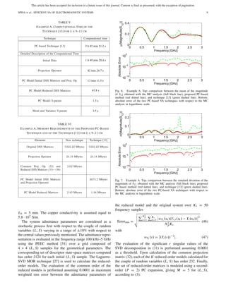 This article has been accepted for inclusion in a future issue of this journal. Content is final as presented, with the exception of pagination.
SPINA et al.: EFFICIENT VA OF ELECTROMAGNETIC SYSTEMS 9
TABLE V
EXAMPLE A. COMPUTATIONAL TIME OF THE
TECHNIQUE [13] FOR L ∈ 9–11 CM
TABLE VI
EXAMPLE A. MEMORY REQUIREMENTS OF THE PROPOSED PC-BASED
TECHNIQUE AND OF THE TECHNIQUE [13] FOR L ∈ 9–11 CM
L0 = 5 mm. The copper conductivity is assumed equal to
5.8 · 107 S/m.
The system admittance parameters are considered as a
stochastic process ﬁrst with respect to the couple of random
variables (L, S) varying in a range of ±10% with respect to
the central values previously mentioned. The admittance repre-
sentation is evaluated in the frequency range 100 kHz–5 GHz
using the PEEC method [31] over a grid composed of
4 × 4 (L, S) samples for the geometrical parameters. The
corresponding set of descriptor state-space matrices computed
has order 2124 for each initial (L, S) sample. The Laguerre-
SVD MOR technique [27] is used to calculate the reduced-
order models. The evaluation of the common order of the
reduced models is performed assuming 0.0001 as maximum
weighted rms error between the admittance parameters of
Fig. 6. Example A. Top: comparison between the mean of the magnitude
of S12 obtained with the MC analysis (full black line), proposed PC-based
method (red dotted line), and technique [13] (green dashed line). Bottom:
absolute error of the two PC-based VA techniques with respect to the MC
analysis in logarithmic scale.
Fig. 7. Example A. Top: comparison between the standard deviation of the
magnitude of S12 obtained with the MC analysis (full black line), proposed
PC-based method (red dotted line), and technique [13] (green dashed line).
Bottom: absolute error of the two PC-based VA techniques with respect to
the MC analysis in logarithmic scale.
the reduced model and the original system over Ks = 50
frequency samples
Errorrms =
N2
p
i=1
Ks
k=1 wYi (sk)(Yr,i (sk) − Yi (sk))
2
N2
p Ks
(46)
with
wYi (s) = (Yi(s))−1
. (47)
The evaluation of the signiﬁcant r singular values of the
SVD decomposition in (31) is performed assuming 0.0001
as a threshold. Upon calculation of the common projection
matrix (32), each of the K reduced-order models calculated for
the couple of random variables (L, S) has order 232. Finally,
the set of reduced-order matrices is modeled using a second-
order (P = 2) PC expansion, giving M = 5 for (L, S),
according to (3).
 