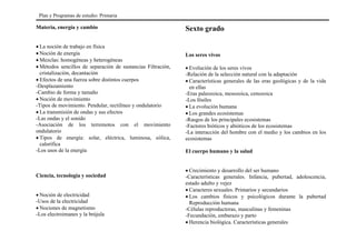 Materia, energía y cambio
• La noción de trabajo en física
• Noción de energía
• Mezclas: homogéneas y heterogéneas
• Métodos sencillos de separación de sustancias Filtración,
cristalización, decantación
• Efectos de una fuerza sobre distintos cuerpos
-Desplazamiento
-Cambio de forma y tamaño
• Noción de movimiento
-Tipos de movimiento. Pendular, rectilíneo y ondulatorio
• La transmisión de ondas y sus efectos
-Las ondas y el sonido
-Asociación de los terremotos con el movimiento
ondulatorio
• Tipos de energía: solar, eléctrica, luminosa, eólica,
calorífica
-Los usos de la energía
Ciencia, tecnología y sociedad
• Noción de electricidad
-Usos de la electricidad
• Nociones de magnetismo
-Los electroimanes y la brújula
Sexto grado
Los seres vivos
• Evolución de los seres vivos
-Relación de la selección natural con la adaptación
• Características generales de las eras geológicas y de la vida
en ellas
-Eras paleozoica, mesozoica, cenozoica
-Los fósiles
• La evolución humana
• Los grandes ecosistemas
-Rasgos de los principales ecosistemas
-Factores bióticos y abióticos de los ecosistemas
-La interacción del hombre con el medio y los cambios en los
ecosistemas
El cuerpo humano y la salud
• Crecimiento y desarrollo del ser humano
-Características generales. Infancia, pubertad, adolescencia,
estado adulto y vejez
• Caracteres sexuales. Primarios y secundarios
• Los cambios físicos y psicológicos durante la pubertad
Reproducción humana
-Células reproductoras, masculinas y femeninas
-Fecundación, embarazo y parto
• Herencia biológica. Características generales
Plan y Programas de estudio: Primaria
 
