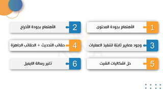 1
‫المحتوى‬ ‫بجودة‬ ‫األهتمام‬
2
‫األخراج‬ ‫بجودة‬ ‫األهتمام‬
3
‫العم‬ ‫لتنفيذ‬ ‫ثابتة‬ ‫معايير‬ ‫وجود‬
‫ليات‬
4
‫التحديث‬ ‫حقائب‬
+
‫الجاهز‬ ‫الحقائب‬
‫ة‬
5
‫الشيت‬ ‫اشكاليات‬ ‫حل‬
6
‫االيميل‬ ‫رسالة‬ ‫تغير‬
 