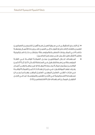 ‫التاسعة‬ ‫الخمسية‬ ‫التنمية‬ ‫خطة‬
55
‫العمانييــن‬ ‫الخريجيــن‬ ‫تأهيــل‬ ‫هــو‬ ‫العمــل‬ ‫ســوق‬ ‫فــي‬ ‫الحقيقــي‬ ‫التحــدي‬ ‫إن‬ n
‫وبصفــة‬ ‫األعمــال‬ ‫وريــادة‬ ‫الحــر‬ ‫العمــل‬ ‫إلــى‬ ‫التوجــه‬ ‫او‬ ‫الخــاص‬ ‫بالقطــاع‬ ‫للعمــل‬
‫اســتراتيجية‬ ‫ذلــك‬ ‫ويتطلــب‬ ، ‫والمتوســطة‬ ‫الصغيــرة‬ ‫المشــروعات‬ ‫فــي‬ ‫خاصــة‬
: ‫اساســين‬ ‫مســارين‬ ‫علــى‬ ‫تشــمل‬ ‫للتشــغيل‬ ‫وطنيــة‬
‫الفئــة‬ ‫فــي‬ ‫الوافــدة‬ ‫العمالــة‬ ‫محــل‬ ‫المواطنييــن‬ ‫احــال‬ ‫	اســتهداف‬ n
‫ـن‬‫ـ‬‫م‬ )%43( ‫أن‬ ‫إذ‬ ،)9‫ـكل‬‫ـ‬‫(ش‬ ‫ـلطنة‬‫ـ‬‫الس‬ ‫ـي‬‫ـ‬‫ف‬ ‫ـغيل‬‫ـ‬‫التش‬ ‫ـرم‬‫ـ‬‫ه‬ ‫ـن‬‫ـ‬‫م‬ ‫ـطة‬‫ـ‬‫المتوس‬
‫ـال‬‫ـ‬‫أعم‬ ‫ـى‬‫ـ‬‫وه‬ ‫ـرة‬‫ـ‬‫ماه‬ ‫ـر‬‫ـ‬‫غي‬ ‫او‬ ‫ـارة‬‫ـ‬‫المه‬ ‫ـدودة‬‫ـ‬‫مح‬ ‫ـة‬‫ـ‬‫عمال‬ ‫ـون‬‫ـ‬‫يمثل‬ ‫ـن‬‫ـ‬‫الوافدي‬
‫ـدة‬‫ـ‬‫الواف‬ ‫ـة‬‫ـ‬‫العمال‬ ‫ـن‬‫ـ‬‫م‬ )%50( ‫ـاك‬‫ـ‬‫هن‬ ‫ان‬ ‫ـن‬‫ـ‬‫حي‬ ‫ـي‬‫ـ‬‫ف‬ ، ‫ـون‬‫ـ‬‫المواطن‬ ‫ـا‬‫ـ‬‫عنه‬ ‫ـزف‬‫ـ‬‫يع‬
‫ان‬ ‫ـب‬‫ـ‬‫يج‬ ‫ـا‬‫ـ‬‫م‬ ‫ـذا‬‫ـ‬‫وه‬ ، ‫ـر‬‫ـ‬‫الماه‬ ‫ـل‬‫ـ‬‫العام‬ ، ‫ـي‬‫ـ‬‫المهن‬ ‫ـل‬‫ـ‬‫العام‬ ، ‫ـي‬‫ـ‬‫الفن‬ :‫ـات‬‫ـ‬‫فئ‬ ‫ـي‬‫ـ‬‫ف‬
‫ـل‬‫ـ‬‫االج‬ ‫ـي‬‫ـ‬‫ف‬ ‫ـا‬‫ـ‬‫ام‬ ، ‫ـط‬‫ـ‬‫والمتوس‬ ‫ـر‬‫ـ‬‫القصي‬ ‫ـل‬‫ـ‬‫األج‬ ‫ـي‬‫ـ‬‫ف‬ ‫ـتراتيجية‬‫ـ‬‫االس‬ ‫ـتهدفه‬‫ـ‬‫تس‬
.)%7( ‫االختصاصيــن‬ ‫فئــة‬ ‫اســتهداف‬ ‫فيمكــن‬ ‫الطويــل‬
 