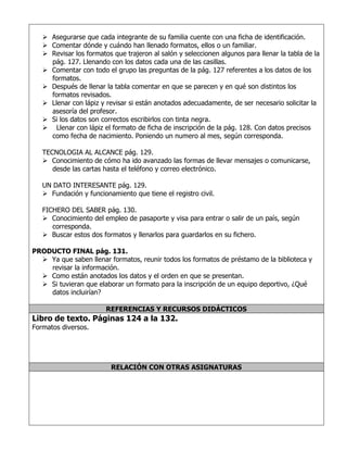  Asegurarse que cada integrante de su familia cuente con una ficha de identificación.
 Comentar dónde y cuándo han llenado formatos, ellos o un familiar.
 Revisar los formatos que trajeron al salón y seleccionen algunos para llenar la tabla de la
pág. 127. Llenando con los datos cada una de las casillas.
 Comentar con todo el grupo las preguntas de la pág. 127 referentes a los datos de los
formatos.
 Después de llenar la tabla comentar en que se parecen y en qué son distintos los
formatos revisados.
 Llenar con lápiz y revisar si están anotados adecuadamente, de ser necesario solicitar la
asesoría del profesor.
 Si los datos son correctos escribirlos con tinta negra.
 Llenar con lápiz el formato de ficha de inscripción de la pág. 128. Con datos precisos
como fecha de nacimiento. Poniendo un numero al mes, según corresponda.
TECNOLOGIA AL ALCANCE pág. 129.
 Conocimiento de cómo ha ido avanzado las formas de llevar mensajes o comunicarse,
desde las cartas hasta el teléfono y correo electrónico.
UN DATO INTERESANTE pág. 129.
 Fundación y funcionamiento que tiene el registro civil.
FICHERO DEL SABER pág. 130.
 Conocimiento del empleo de pasaporte y visa para entrar o salir de un país, según
corresponda.
 Buscar estos dos formatos y llenarlos para guardarlos en su fichero.
PRODUCTO FINAL pág. 131.
 Ya que saben llenar formatos, reunir todos los formatos de préstamo de la biblioteca y
revisar la información.
 Como están anotados los datos y el orden en que se presentan.
 Si tuvieran que elaborar un formato para la inscripción de un equipo deportivo, ¿Qué
datos incluirían?
REFERENCIAS Y RECURSOS DIDÁCTICOS

Libro de texto. Páginas 124 a la 132.
Formatos diversos.

RELACIÓN CON OTRAS ASIGNATURAS

 