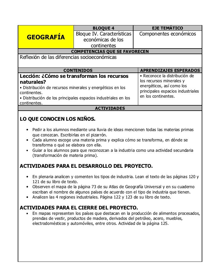 Plan 5to grado bloque iv geografía