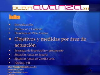 Índice Introducción Motivación y Contexto Elementos del Plan Avanza Objetivos y medidas por área de actuación Estrategia de financiación y presupuesto Situación Actual en España Situación Actual en Castilla León Anexos I y II Conclusión 