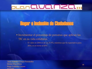 Hogar e Inclusión de Ciudadanos Incrementar el porcentaje de personas que aplican las TIC en su vida cotidiana. El valor en 2004 es de un 37,5%, mientras que la expectativa para 2010, es en torno al 65% 