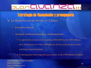 Estrategia de financiación y presupuesto La financiación se divide en 2 áreas: Inversión directa Ayudas, confinanciaciones y colaboraciones La aportación económica en el periodo 2006-2007 fue de 3.800 millones de €, distribuidos en 2.900 y 900 millones de € en cada una de las áreas anteriores respectivamente El presupuesto total estipulado para el plan es de 5.700 millones de euros 