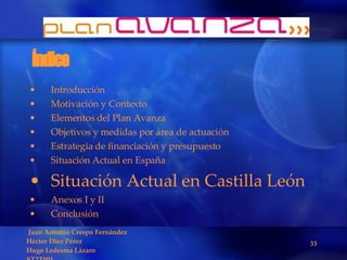 Índice Introducción Motivación y Contexto Elementos del Plan Avanza Objetivos y medidas por área de actuación Estrategia de financiación y presupuesto Situación Actual en España Situación Actual en Castilla León Anexos I y II Conclusión 