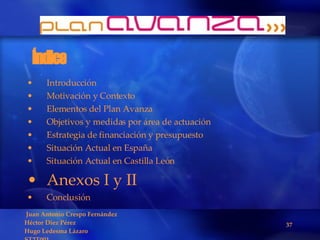 Índice Introducción Motivación y Contexto Elementos del Plan Avanza Objetivos y medidas por área de actuación Estrategia de financiación y presupuesto Situación Actual en España Situación Actual en Castilla León Anexos I y II Conclusión 