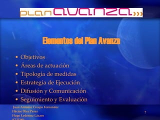 Elementos del Plan Avanza Objetivos Áreas de actuación Tipología de medidas Estrategia de Ejecución Difusión y Comunicación Seguimiento y Evaluación 