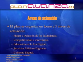 Áreas de actuación El plan se organiza en torno a 5 áreas de actuación. Hogar e inclusión de los ciudadanos. Competitividad e innovación. Educación en la Era Digital. Servicios Públicos Digitales. Contexto Digital. 