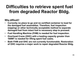 Difficulties to retrieve spent fuel from degraded Reactor Bldg. Why difficult? Currently no place to go and no certified container to load for the damaged fuel assemblies. Therefore, fuel inspection (sipping) or other technically acceptable method to separate damaged fuel from intact fuel is necessary step to proceed. Fuel Handling Machine (FHM) is needed for fuel inspection. Overhead Crane (OHC) with a loading capacity greater than 100MT is needed for lifting spent fuel casks. Both FHM and OHC are not currently functionable. Restoration of OHC requires a major work to repair degraded Reactor Bldg. 