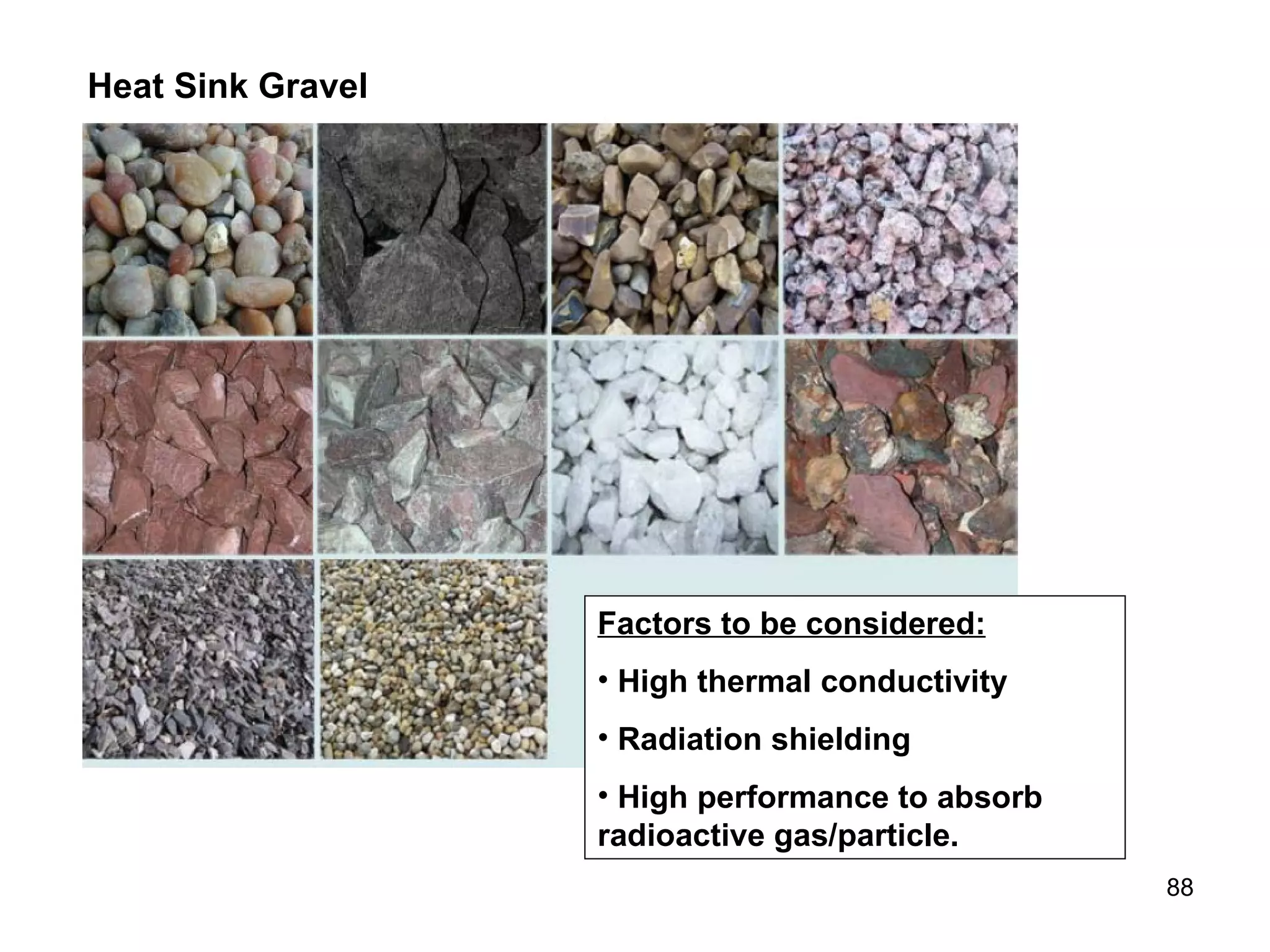 Heat Sink Gravel Factors to be considered: High thermal conductivity Radiation shielding High performance to absorb radioactive gas/particle. 