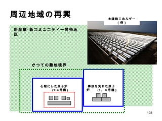 新産業･新コミュニティー開発地区 石棺化した原子炉　　　  (1~4 号機 ) 事故を免れた原子炉　　 (5 、 6 号機 ) 太陽熱エネルギー（例） 周辺地域の再興 かつての敷地境界 