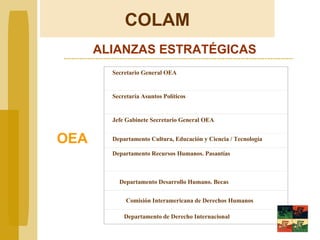 ALIANZAS ESTRATÉGICAS COLAM OEA Departamento de Derecho Internacional Comisión Interamericana de Derechos Humanos Departamento Desarrollo Humano. Becas Secretario General OEA Secretaría Asuntos Políticos Jefe Gabinete Secretario General OEA Departamento Cultura, Educación y Ciencia / Tecnología Departamento Recursos Humanos. Pasantías 