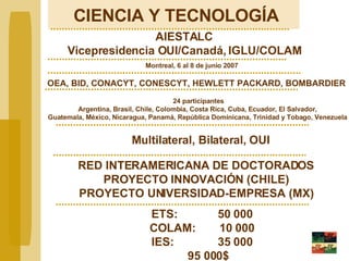 CIENCIA Y TECNOLOGÍA AIESTALC Vicepresidencia OUI/Canadá, IGLU/COLAM Montreal, 6 al 8 de junio 2007 24 participantes Argentina, Brasil, Chile, Colombia, Costa Rica, Cuba, Ecuador, El Salvador,  Guatemala, México, Nicaragua, Panamá, República Dominicana, Trinidad y Tobago, Venezuela  OEA, BID, CONACYT,   CONESCYT, HEWLETT PACKARD, BOMBARDIER Multilateral, Bilateral, OUI RED INTERAMERICANA DE DOCTORADOS PROYECTO INNOVACIÓN (CHILE) PROYECTO UNIVERSIDAD-EMPRESA (MX) ETS:    50 000 COLAM:  10 000 IES:    35 000 95 000$ 