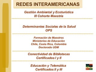 REDES INTERAMERICANAS Gestión Ambiental y Ecoturística III Cohorte Maestría Determinantes Sociales de la Salud OPS Formación de Maestros Ministerios de Educación Chile, Costa Rica, Colombia Doctorado UDM Conectividad de Bibliotecas Certificados I y II Educación y Telemática   Certificados II y III 