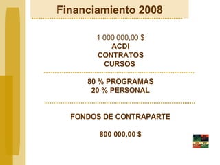 Financiamiento 2008 1 000 000,00 $ ACDI CONTRATOS CURSOS  80 % PROGRAMAS 20 % PERSONAL FONDOS DE CONTRAPARTE 800 000,00 $ 