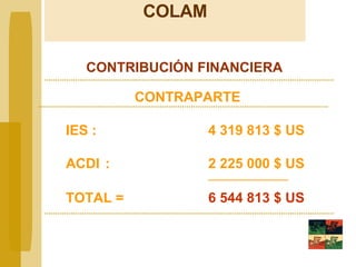 CONTRAPARTE  IES : 4 319 813 $ US ACDI   : 2 225 000 $ US __________________ TOTAL =  6 544 813 $ US CONTRIBUCI ÓN FINANCIERA COLAM 