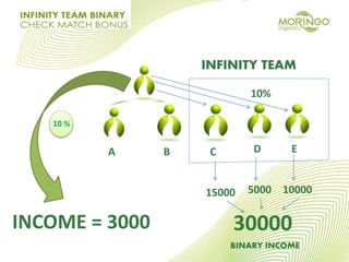 A B C D E
INFINITY TEAM
10%
15000 5000 10000
30000INCOME = 3000
BINARY INCOME
10 %
 