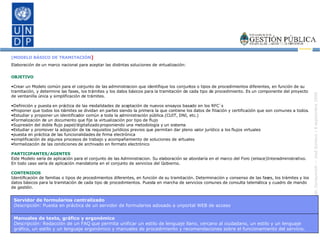 [MODELO BÁSICO DE TRAMITACIÓN ] Elaboración de un marco nacional para aceptar las distintas soluciones de virtualización: OBJETIVO Crear un Modelo común para el conjunto de las administracion que identifique los conjuntos o tipos de procedimientos diferentes, en función de su tramitación, y determine las fases, los trámites y los datos básicos para la tramitación de cada tipo de procedimiento. Es un componente del proyecto de ventanilla única y simplificación de trámites. Definición y puesta en práctica de las modalidades de aceptación de nuevos ensayos basado en los RFC´s Proponer que todos los trámites se dividan en partes siendo la primera la que contiene los datos de filiación y certificación que son comunes a todos. Estudiar y proponer un identificador común a toda la administración pública.(CUIT, DNI, etc.) Formalización de un documento que fije la virtualización por tipo de flujo Supresión del doble flujo papel/digitalizado proponiendo una metodología y un sistema Estudiar y promover la adopción de los requisitos jurídicos previos que permitan dar pleno valor jurídico a los flujos virtuales puesta en práctica de las funcionalidades de firma electrónica simplificación de algunos procesos de trabajo y acompañamiento de soluciones de virtuales formalización de las condiciones de archivado en formato electrónico PARTICIPANTES/AGENTES Este Modelo sería de aplicación para el conjunto de las Administracion. Su elaboración se abordaría en el marco del Foro (enlace)Interadministrativo. En todo caso sería de aplicación mandatoria en el conjunto de servicios del Gobierno. CONTENIDOS Identificación de familias o tipos de procedimientos diferentes, en función de su tramitación. Determinación y consenso de las fases, los trámites y los datos básicos para la tramitación de cada tipo de procedimientos. Puesta en marcha de servicios comunes de consulta telemática y cuadro de mando de gestión. Servidor de formularios centralizado Descripción:  Puesta en práctica de un servidor de formularios adosado a unportal WEB de acceso Manuales de texto, gráfico y ergonómico Descripción:  Redacción de un FAQ que permita unificar un estilo de lenguaje llano, cercano al ciudadano, un estilo y un lenguaje gráfico, un estilo y un lenguaje ergonómico y manuales de procedimiento y recomendaciones sobre el funcionamiento del servicio. 