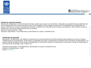 Cambio de situación familiar Descripción:  Declaración a la administración de todo cambio que se dé en la vida familiar. Utilizando los procedimientos de identificación que se implantarán dentro del marco del servicio con los Registros Civiles, ligado al proyecto de Firma Electrónica e identificador de usuario. Este servicio, al que se accederá por Internet, se basará en la voluntad de los usuarios, que definirán, ellos mismos, la lista de organismos a los que se deberá informar de los cambios. Puesta en funcionamiento  : 2008 Proyectos relacionados:  Firma Electrónica e identificador de usuario, ventanilla única Certificado de domicilio Descripción:  Simplificación, dar soporte virtual para que el actual trámite de la Policía Federal pueda realizarse en línea con ligeras modificaciones de procedimiento. El formulario es disparado por email o directamente a impresora de la comisaría correspondiente. Los policías realizan el trámite como siempre entregándolo en el domicilio indicado o enviándolo por correo físico. Puede ser trasportado a otras denuncias de pérdida, robo, choque, etc.  Proyectos relacionados:  Firma Electrónica, identificador de usuario, Ventanilla Unica. Puesta en funcionamiento  : 2007 Enlace: Formulario 
