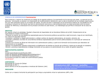 CIRCULO DE APRENDIZAJE  funcionarios Para revalorizar y mejorar las condiciones de trabajo de los agentes públicos y la organización de los servicios que opera,  es esencial que las personas,  funcionarios, se asocien a la implantación de la administración electrónica y que no sólo se beneficien de sus múltiples repercusiones sino que sean partícipes activos en el proceso del cambio. Se trata de poner a disposición de los funcionarios públicos de una plataforma que contenga el conjunto de información que tiene la administración acerca de su vida profesional tanto sus datos personales como los textos jurídicos de referencia, la descripción de los procesos concretos de cada función, y la metodología que permita la evaluación de los actos de gestión.  OBJETIVO Dar soporte virtual a la estrategia  Equidad y Desarrollo de Capacidades de los Servidores Públicos de la SGP, Fortalecimiento de las Capacidades de Gestión Institucional: – Proponer la creación de una plataforma especializada para los funcionarios públicos que permita a cada funcionario, luego de ser identificado, con criterio de seguridad máxima: – Completar y actualizar su legajo administrativo y señalar cambios de situación administrativa, de locación, domicilio, etc. – Consultar y alimentar una base de conocimientos temáticos especializados para la función pública basados en el principio de “solicitud de comentarios” Creación de la función de Oficial de Información de la administración pública, a partir de la formación de funcionarios que obtendrían así mejoramiento en el escalafón. Aportar a la simplificación operativa observando la simplificación de trámites en función de la eficacia y mejora de la atención al ciudadano. Permitir y promover explícitamente el diálogo horizontal con sus pares en la administración de su sector de gestión específico. PARTICIPANTES/AGENTES ONTI Unidad especializada de planificación ONTI [FORO DE ENLACES INTERADMINISTRATIVOS@rgentina ] [FORO DE RESPONSABLES INFORMATICOS@rgentina ] Funcionarios de todos los niveles de la administración pública ¿Sindicatos? CONTENIDOS Metodología de Círculos de Calidad Metodología de RFC´s Nuevo servicio on line de propuestas e iniciativas del Gobierno (wiki) INDICADOR Contar con un espacio horizontal de participación que tenga su equivalente virtual en aplicaciones LAMP y Wiki Infraestructura  ERP - Intranet - backoffice Descripción:  Creación de una infraestructura funcional y técnica de los servicios comunes. 