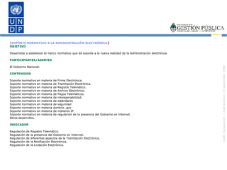 [SOPORTE NORMATIVO A LA ADMINISTRACIÓN ELECTRÓNICA ] OBJETIVO Desarrollar y establecer el marco normativo que dé soporte a la nueva realidad de la Administración electrónica. PARTICIPANTES/AGENTES El Gobierno Nacional. CONTENIDOS Soporte normativo en materia de Firma Electrónica. Soporte normativo en materia de Tramitación Electrónica. Soporte normativo en materia de Registro Telemático. Soporte normativo en materia de Archivo Electrónico. Soporte normativo en materia de Pagos Telemáticos. Soporte normativo en materia de interoperabilidad. Soporte normativo en materia de estándares Soporte normativo en materia de seguridad Soporte normativo en materia dominio .gov Soporte normativo en materia de números IP Soporte normativo en materia de regulación de la presencia del Gobierno en Internet. Otros desarrollos. INDICADOR Regulación de Registro Telemático. Regulación de la presencia del Gobierno en Internet. Regulación de diferentes aspectos de la Tramitación Electrónica. Regulación de la Notificación Electrónica. Regulación de la Licitación Electrónica. 