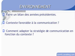 ENVIRONNEMENT Faire un bilan des années précédentes. Contexte favorable à la communication ? Comment adapter la stratégie de communication en fonction du contexte ? 