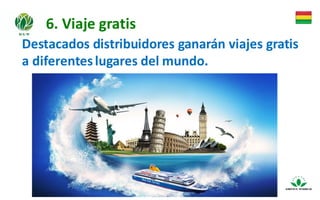 6. Viaje gratis
Destacados distribuidores ganarán viajes gratis
a diferenteslugares del mundo.
 