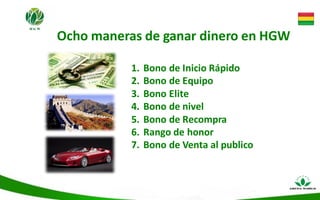 Ocho maneras de ganar dinero en HGW
1. Bono de Inicio Rápido
2. Bono de Equipo
3. Bono Elite
4. Bono de nivel
5. Bono de Recompra
6. Rango de honor
7. Bono de Venta al publico
 