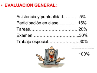 • EVALUACION GENERAL:
Asistencia y puntualidad……… 5%
Participación en clase………… 15%
Tareas…………………………….20%
Examen…………………………...30%
Trabajo especial………………….30%
----------------
100%
 