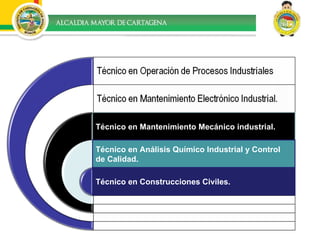 Técnico en Mantenimiento Mecánico industrial. Técnico en Análisis Químico Industrial y Control de Calidad.  Técnico en Construcciones Civiles. 