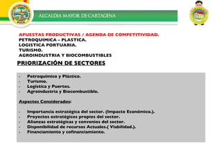 Petroquímico y Plástico. Turismo. Logística y Puertos. Agroindustria y Biocombustible. Aspectos Considerados : Importancia estratégica del sector. (Impacto Económico.). Proyectos estratégicos propios del sector. Alianzas estratégicas y convenios del sector. Disponibilidad de recursos Actuales.( Viabilidad.). Financiamiento y cofinanciamiento. PRIORIZACIÓN DE SECTORES APUESTAS PRODUCTIVAS / AGENDA DE COMPETITIVIDAD .  PETROQUIMICA – PLASTICA. LOGISTICA PORTUARIA. TURISMO. AGROINDUSTRIA Y BIOCOMBUSTIBLES 