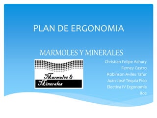 PLAN DE ERGONOMIA
MARMOLES Y MINERALES
Christian Felipe Achury
Ferney Castro
Robinson Aviles Tafur
Juan José Tequia Pico
Electiva IV Ergonomía
802
 