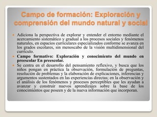 Campo de formación: Exploración y
comprensión del mundo natural y social
 Adiciona la perspectiva de explorar y entender el entorno mediante el
acercamiento sistemático y gradual a los procesos sociales y fenómenos
naturales, en espacios curriculares especializados conforme se avanza en
los grados escolares, sin menoscabo de la visión multidimensional del
currículo.
 Campo formativo: Exploración y conocimiento del mundo en
preescolar En preescolar.
 Se centra en el desarrollo del pensamiento reflexivo, y busca que los
niños pongan en práctica la observación, formulación de preguntas,
resolución de problemas y la elaboración de explicaciones, inferencias y
argumentos sustentados en las experiencias directas; en la observación y
el análisis de los fenómenos y procesos perceptibles que les ayudan a
avanzar y construir nuevos aprendizajes sobre la base de los
conocimientos que poseen y de la nueva información que incorporan.
 