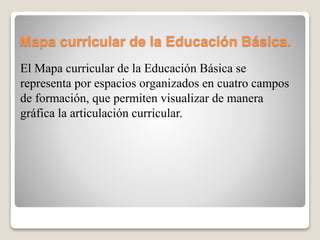 Mapa curricular de la Educación Básica.
El Mapa curricular de la Educación Básica se
representa por espacios organizados en cuatro campos
de formación, que permiten visualizar de manera
gráfica la articulación curricular.
 