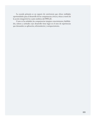 223
La escuela primaria es un espacio de convivencia que ofrece múltiples
oportunidades para el desarrollo de las competencias cívicas y éticas a través de
la acción integral de los cuatro ámbitos del PIFCyE.
Como se ha señalado, las competencias integran conocimientos, habilida­
des, valores y actitudes cuyo desarrollo tiene lugar en el seno de experiencias
que demanden su aplicación, reformulación y enriquecimiento.
FCyE.indd 223 23/7/08 09:50:52
 