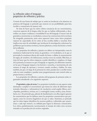 69
La reflexión sobre el lenguaje:
propósitos de reflexión y práctica
A través de una forma de trabajo que se centra en involucrar a los alumnos en
prácticas del lenguaje se pretende que avancen en sus posibilidades para leer,
escribir y comunicarse de manera oral.
Se trata de hacer que los niños cobren conciencia de sus conocimientos,
conozcan aspectos de la lengua sobre los que no habían reflexionado, y desa-
rrollen con mayor confianza y versatilidad el uso del lenguaje. Conocer más de
gramática, incrementar su vocabulario, conocer las convenciones de la escritura
(la ortografía, puntuación, entre otros aspectos) tiene como único propósito
mejorar las capacidades de los niños al leer, escribir, hablar y escuchar. Esto
implica una serie de actividades que involucran la investigación, solucionar los
problemas que la misma escritura y lectura plantean y tomar decisiones a través
de la reflexión.
Los propósitos de reflexión y práctica no deben ser interpretados como la
enseñanza tradicional de las letras, la gramática o el vocabulario, en la que se
priorizaba la enseñanza directa del sonido de letras o sílabas, la memorización
de reglas, de nombres y de definiciones, muchas veces sin sentido. Más bien, se
trata de hacer que los niños empiecen a poder identificar y emplear, a lo largo
de la primaria, la manera en que el lenguaje se organiza, las diferentes maneras
en las que el lenguaje impacta a los lectores o escuchas, e incrementar, de esta
manera, el rango de opciones y recursos cuando escriben y hablan. Se trata,
también, de que a lo largo de la primaria los niños puedan leer y escribir textos
cada vez más complejos y puedan tener progresivamente más control sobre su
propia lectura y escritura.
Los propósitos de reflexión y práctica del programa de primaria están or-
ganizados atendiendo a los siguientes aspectos:
Propiedades y tipos de textos.Los propósitos incluidos en este aspecto están
destinados a ampliar el conocimiento que tienen los niños de diferentes tipos
textuales (literarios e informativos) de circulación social amplia (libros, enci-
clopedias, periódicos, revistas, etc.) y restringida (cartas, recibos, actas, formu-
larios,etc.).Se pretende que,además de familiarizarse con ellos,logren apreciar
las características que los definen, tanto los propósitos comunicativos que per-
siguen, como los recursos lingüísticos de que se valen. Asimismo, se pretende
que los niños logren identificar los recursos gráficos y editoriales que caracte-
rizan a cada tipo textual y su utilidad para lograr la eficiencia comunicativa.
Los niños, paulatinamente, incrementarán el manejo de todos estos recursos
textuales en la producción de escritos originales.
ESPAÑOL.indd 69 23/7/08 09:33:49
 