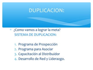 DUPLICACION:


∗ ¿Como vamos a lograr la meta?
   SISTEMA DE DUPLICACION:

  1. Programa de Prospección
  2. Programa para Asociar
  3. Capacitación al Distribuidor
  4. Desarrollo de Red y Liderazgo.
 