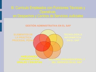 III. Currículo Empleados con Funciones Técnicas y Operativas  en Despachos y Centros de Servicios Judiciales GESTIÓN ADMINISTRATIVA EN EL SAP TECNOLOGÍA E INFORMÁTICA  EN EL SAP CULTURA ORGANIZACIONAL Y DEL SERVICIO EN EL SAP HABILIDADES  COMUNICATIVAS ORALES Y ESCRITAS ELEMENTOS DE LA PRÁCTICA PROCESAL PENAL 