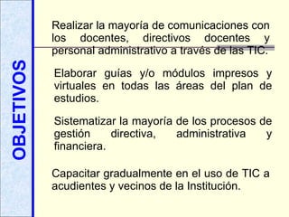 OBJETIVOS Realizar la mayoría de comunicaciones con los docentes, directivos docentes y personal administrativo a través de las TIC. Elaborar guías y/o módulos impresos y virtuales en todas las áreas del plan de estudios. Sistematizar la mayoría de los procesos de gestión directiva, administrativa y financiera. Capacitar gradualmente en el uso de TIC a acudientes y vecinos de la Institución. 
