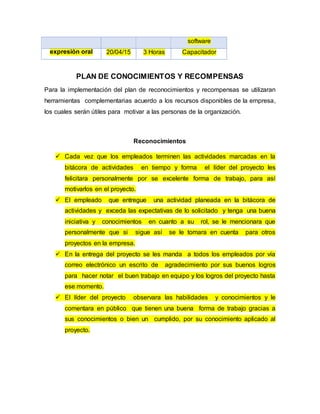 software
expresión oral 20/04/15 3 Horas Capacitador
PLAN DE CONOCIMIENTOS Y RECOMPENSAS
Para la implementación del plan de reconocimientos y recompensas se utilizaran
herramientas complementarias acuerdo a los recursos disponibles de la empresa,
los cuales serán útiles para motivar a las personas de la organización.
Reconocimientos
 Cada vez que los empleados terminen las actividades marcadas en la
bitácora de actividades en tiempo y forma el líder del proyecto les
felicitara personalmente por se excelente forma de trabajo, para así
motivarlos en el proyecto.
 El empleado que entregue una actividad planeada en la bitácora de
actividades y exceda las expectativas de lo solicitado y tenga una buena
iniciativa y conocimientos en cuanto a su rol, se le mencionara que
personalmente que si sigue así se le tomara en cuenta para otros
proyectos en la empresa.
 En la entrega del proyecto se les manda a todos los empleados por vía
correo electrónico un escrito de agradecimiento por sus buenos logros
para hacer notar el buen trabajo en equipo y los logros del proyecto hasta
ese momento.
 El líder del proyecto observara las habilidades y conocimientos y le
comentara en público que tienen una buena forma de trabajo gracias a
sus conocimientos o bien un cumplido, por su conocimiento aplicado al
proyecto.
 