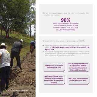 De las municipalidades que se han involucrado, han
cumplido sus metas…
90%de las municipalidades de ciudades
no principales con menos de 500
viviendas urbanas en el 2012 (926
de 1,034 municipalidades)
Gracias al éxito alcanzado, se propuso para el 2013…
Elevarelporcentajedelpresupuestodestinadoainversiones
hasta el 15% del Presupuesto Institucional de
Apertura.
Incorporar el programa presupuestal 0068 Reducción de
vulnerabilidad y atención de emergencias por desastres
a los cuatro que ya están disponibles:
0047 Acceso y uso adecuado
de los servicios públicos
de telecomunicaciones e
información asociados
0061 Reducción del costo,
tiempo e inseguridad vial
en el sistema de transporte
terrestre
0083 Agua y saneamiento
para la población rural.
0046 Acceso y uso de la
electrificación rural
18 | Plan de Incentivos Municipales
 