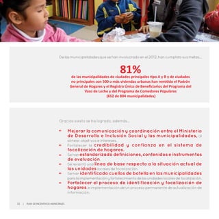 Gracias a esto se ha logrado, además…
Mejorar la comunicación y coordinación entre el Ministerio
de Desarrollo e Inclusión Social y las municipalidades, al
alinear objetivos e intereses.
Fortalecer la credibilidad y confianza en el sistema de
focalización de hogares.
Sehanestandarizado definiciones, contenidos e instrumentos
de evaluación.
Se levantó una línea de base respecto a la situación actual de
las unidades locales de focalización.
Sehanidentificado cuellos de botella en las municipalidades
paralaimplementaciónyfortalecimientodelasunidadeslocalesdefocalización.
Fortalecer el proceso de identificación y focalización de
hogares, e implementación de un proceso permanente de actualización de
información.
Delasmunicipalidadesquesehaninvolucradoenel2012,hancumplidosusmetas…
81%de las municipalidades de ciudades principales tipo A y B y de ciudades
no principales con 500 o más viviendas urbanas han remitido el Padrón
General de Hogares y el Registro Único de Beneficiarios del Programa del
Vaso de Leche y del Programa de Comedores Populares
(652 de 804 municipalidades)
22 | Plan de Incentivos Municipales
 