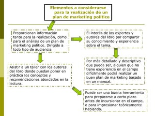 Elementos a considerarse para la realización de un plan de marketing político Proporcionan información tanto para la realización, como para el análisis de un plan de marketing político. Dirigido a todo tipo de audiencia El interés de los expertos y autores del libro por compartir su conocimiento y experiencia sobre el tema. Por más detallado y descriptivo que pueda ser, alguien que no tiene experiencia en el campo difícilmente podrá realizar un buen plan de marketing basado en un manual. Puede ser una buena herramienta para prepararse a corto plazo antes de incursionar en el campo, o para impresionar teóricamente hablando. Asistir a un taller con los autores del libro donde puedan poner en práctica los conceptos y recomendaciones abordados en la lectura. 