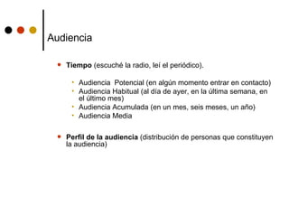 Audiencia Tiempo  (escuché la radio, leí el periódico). Audiencia  Potencial (en algún momento entrar en contacto) Audiencia Habitual (al día de ayer, en la última semana, en el último mes) Audiencia Acumulada (en un mes, seis meses, un año) Audiencia Media Perfil de la audiencia  (distribución de personas que constituyen la audiencia) 