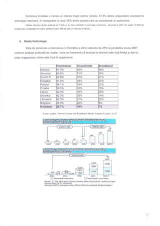 Domeniul imobiliar a ramas un interes major pentru romAni, 37,5% dintre respondenti investind in
amenajari interioare, in comparatie cu doar 25% dintre acestia care au achizitionat un autoturism.
Datele ultimului studiu publicat de Trafic.ro au fost colectate in perioada noiembrie - decembrie 2007 din peste 16.800 de
chestionare completate de catre vizitatorii celor 369 de site-uri inscrise Tn studiu.
4. Mediul tehnologic
Rata de penetrare a internetului in Rom6nia a atins valoarea de 25% la jumatatea anulua 2A0T
conform analizei publicatd de Jupiter, ceea ce inseamni cd accesul la lnternet este incd limitat gi deci gi
piala magazinelor online este incd in expansiune.
renetration Households 3roadband
Istonia 1.3% 45olo ]8%
Slovenia i0.6% 51o/o 38%
zech R {3.60/o 37olo 21o/o
lungary 1.4o/o 36o/o 23o/o
roland 36.1% 35% Z3o/o
roatia 36.3% 32o/o 5o/o
-atvia +2.4o/o 30% 20o/o
Slovakia +2.3% 30% 4o/a
-ithuania +2.3o/o 27o/o 224/o
3ulgaria 29.0% 20o/o ?o/o
Rornflh:ia 2;5;3o1i,' 1,8% 7:Yo
Sursa: Jupiter, lnternet Access and Broadband Model, Eastern Europe, Jul 07
i Cr{CiR'={i/40}9"..:
,t-"-
 