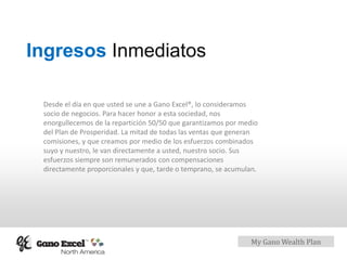 My Gano Wealth Plan
Ingresos Inmediatos
Desde el día en que usted se une a Gano Excel®, lo consideramos
socio de negocios. Para hacer honor a esta sociedad, nos
enorgullecemos de la repartición 50/50 que garantizamos por medio
del Plan de Prosperidad. La mitad de todas las ventas que generan
comisiones, y que creamos por medio de los esfuerzos combinados
suyo y nuestro, le van directamente a usted, nuestro socio. Sus
esfuerzos siempre son remunerados con compensaciones
directamente proporcionales y que, tarde o temprano, se acumulan.
 