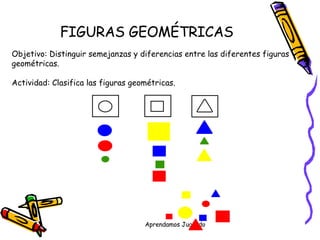 FIGURAS GEOMÉTRICAS Objetivo: Distinguir semejanzas y diferencias entre las diferentes figuras  geométricas. Actividad: Clasifica las figuras geométricas. 