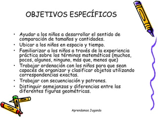 OBJETIVOS ESPECÍFICOS Ayudar a los niños a desarrollar el sentido de comparación de tamaños y cantidades. Ubicar a los niños en espacio y tiempo. Familiarizar a los niños a través de la experiencia práctica sobre los términos matemáticos (muchos, pocos, algunos, ninguno, más que, menos que) Trabajar ordenación con los niños para que sean capaces de organizar y clasificar objetos utilizando correspondencias exactas. Trabajar con secuenciación y patrones. Distinguir semejanzas y diferencias entre las diferentes figuras geométricas. 